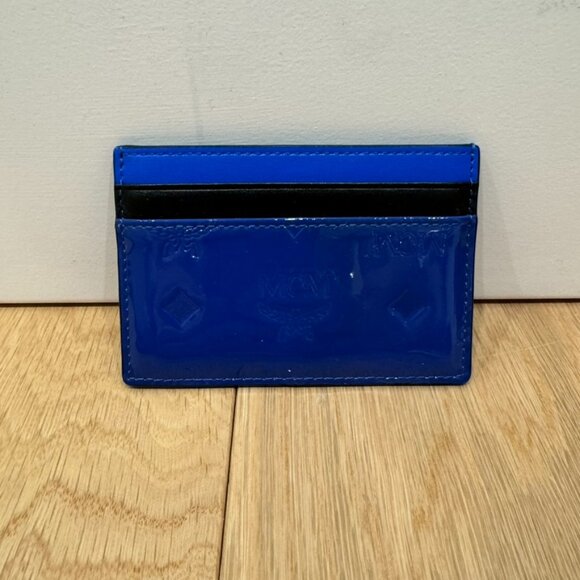 MCM Patricia Monogrammed Patent Leather Card Holder Wallet Neon Cobalt Blue - Picture 1 of 6